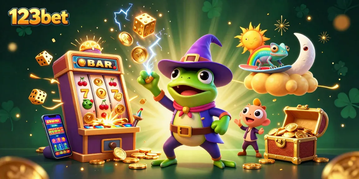Win big at 123bet with a vibrant casino scene featuring games and magical characters.