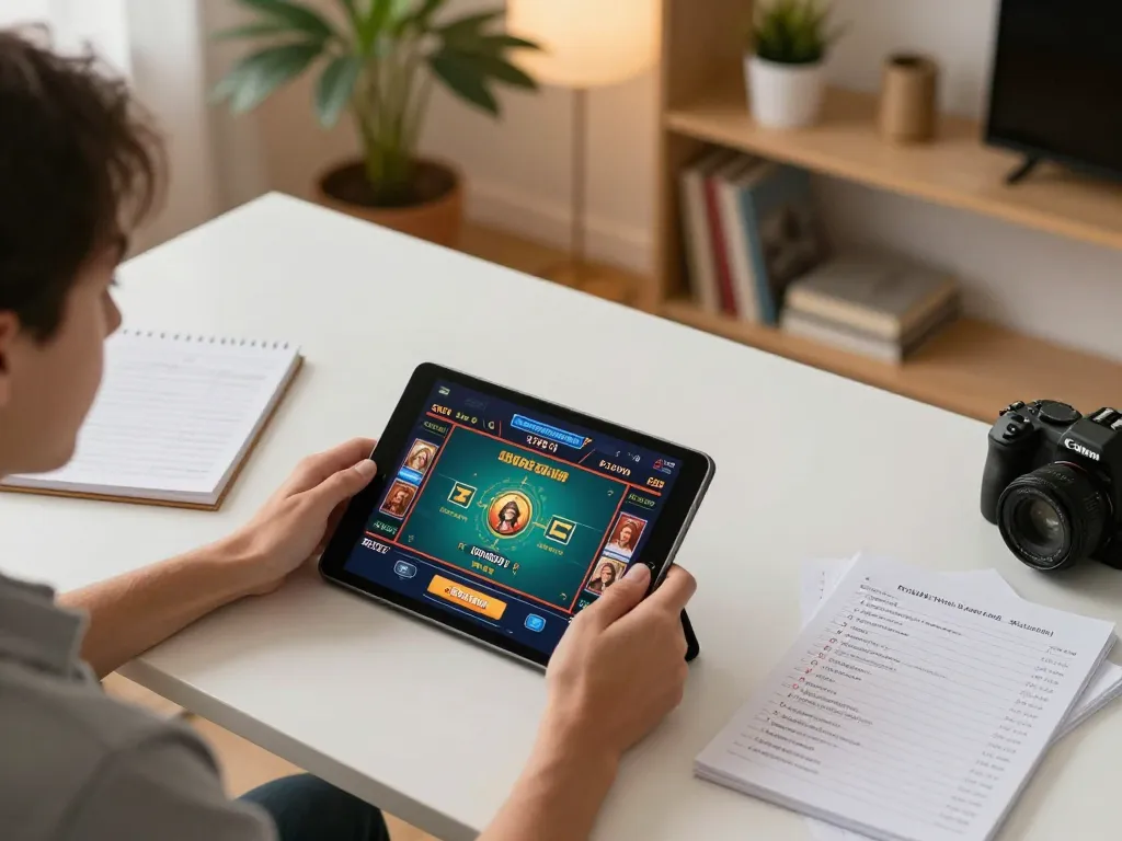 TG88 player engaging in online casino gaming with a tablet and strategy notes in a cozy home setup.