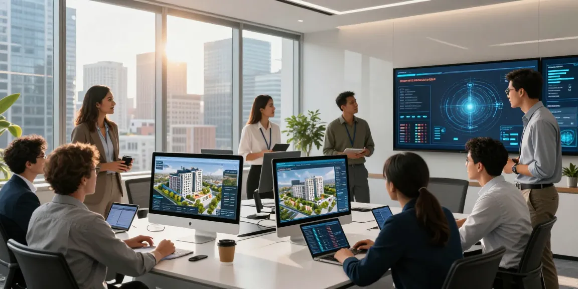 Professionals discussing rokok88 and virtual real estate trends in a modern office