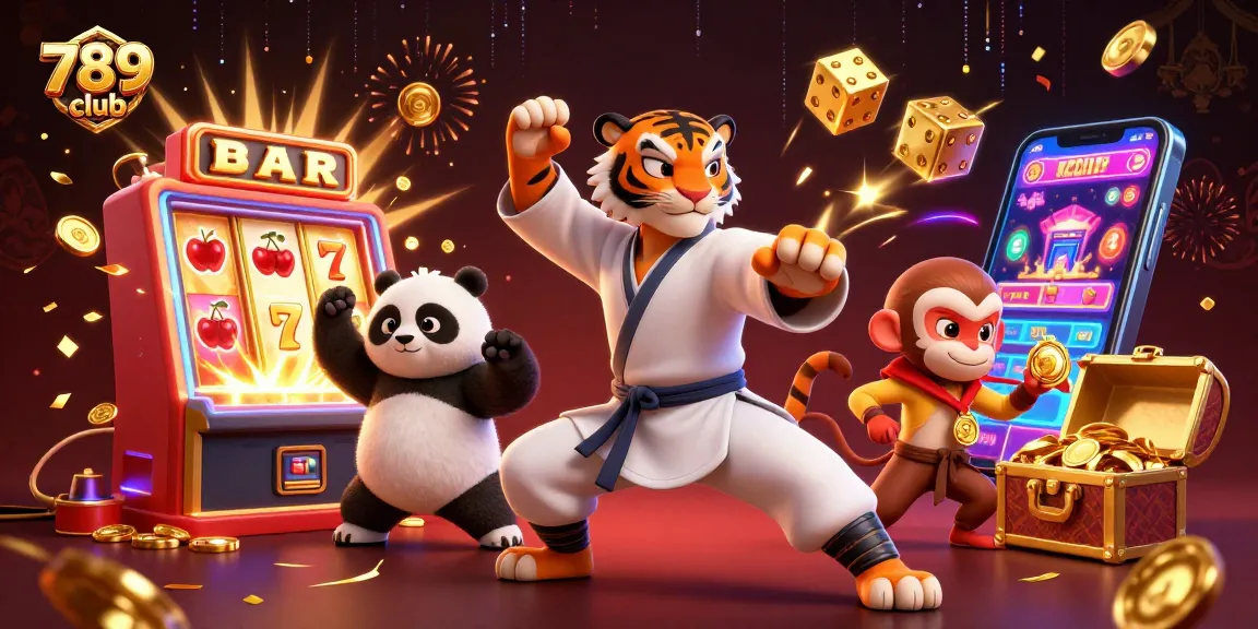 Engaging 789 club scene with kung fu tiger, panda disciple, and slot machine jackpot explosion.