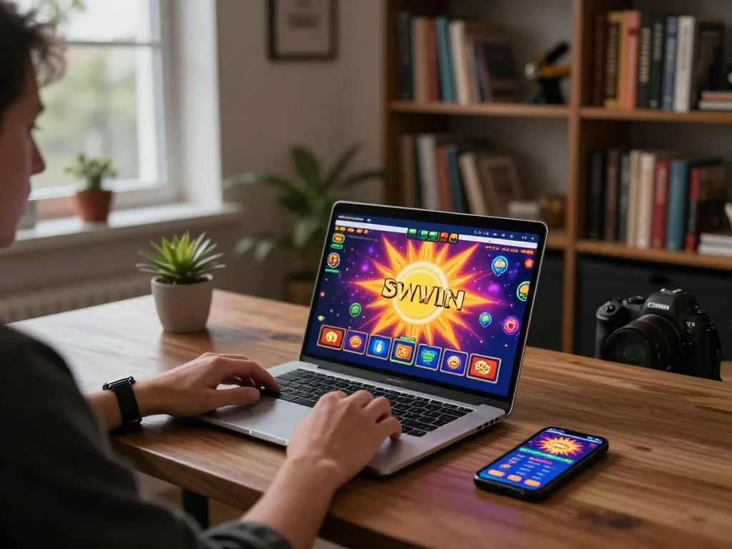 Engage with sunwin online gaming on a stylish laptop, showcasing vibrant gameplay in a cozy setting