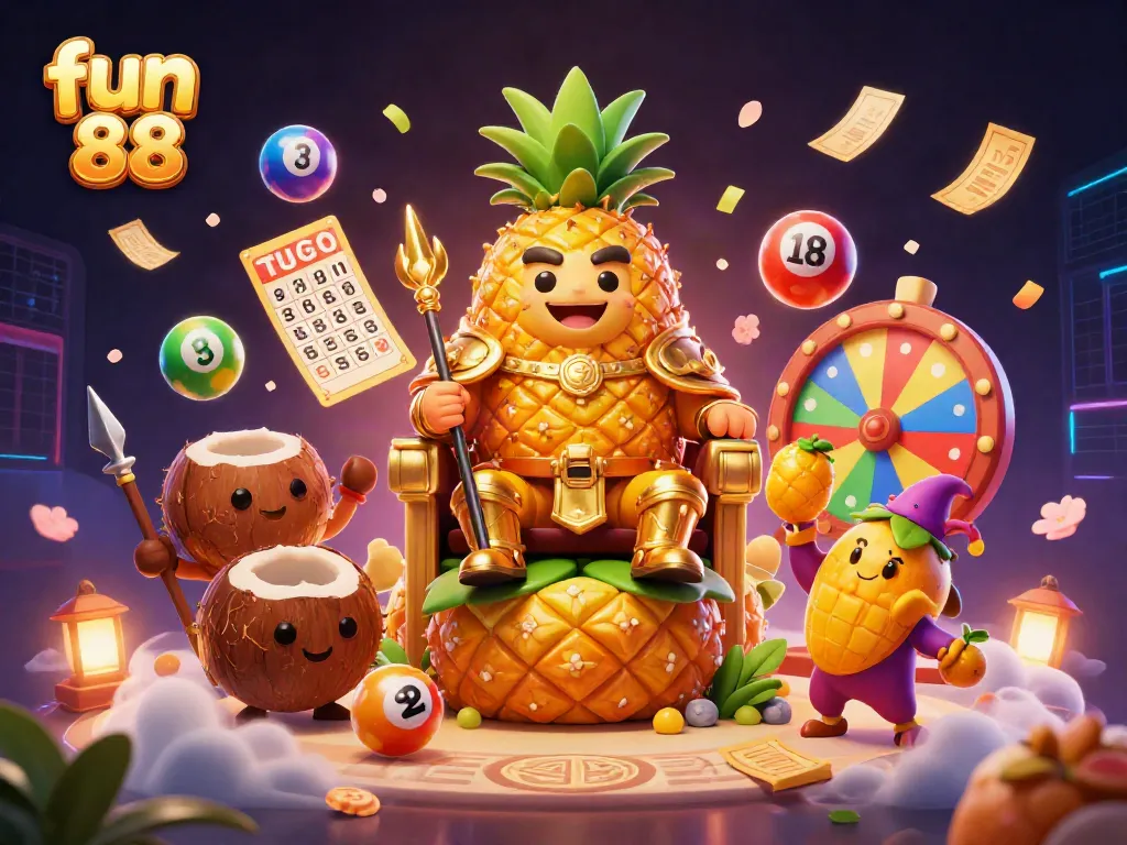 Experience the excitement of fun 88 with vibrant casino elements and lively characters in an engaging 3D illustration.