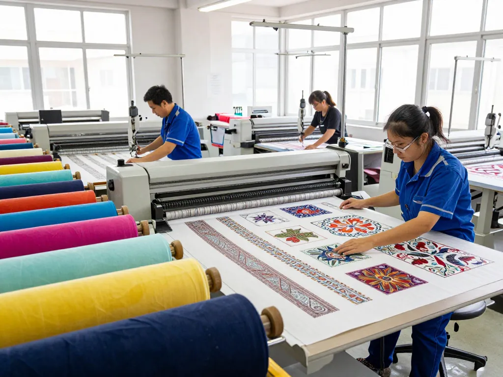 Textile manufacturing process showcasing Sunwin's vibrant fabrics with skilled workers.