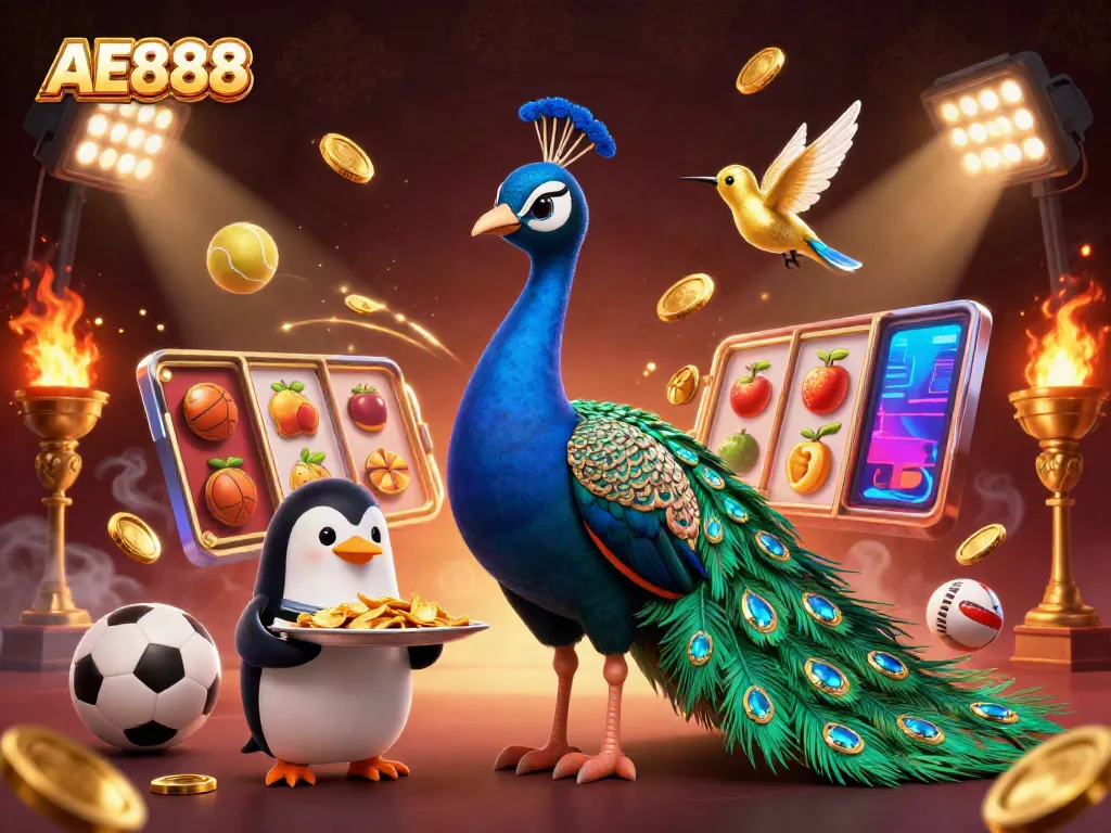 Engage in casino thrills with AE888's vibrant 3D illustration featuring captivating game elements.