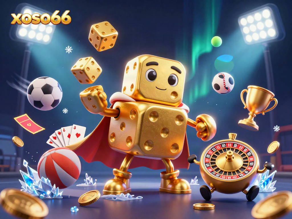 Experience the excitement of xoso66 with a dynamic 3D casino scene featuring vibrant characters and action-packed elements.