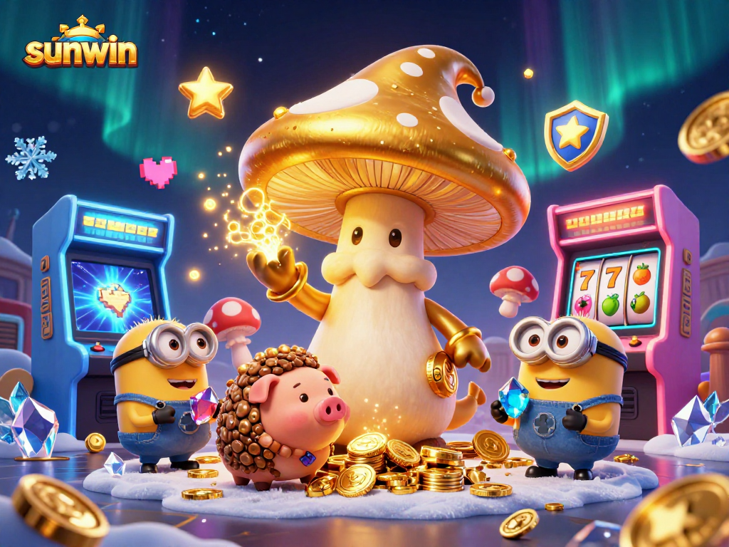 Play slots at sunwin with a magical mushroom wizard and treasure-seeking pig in a vibrant casino scene.