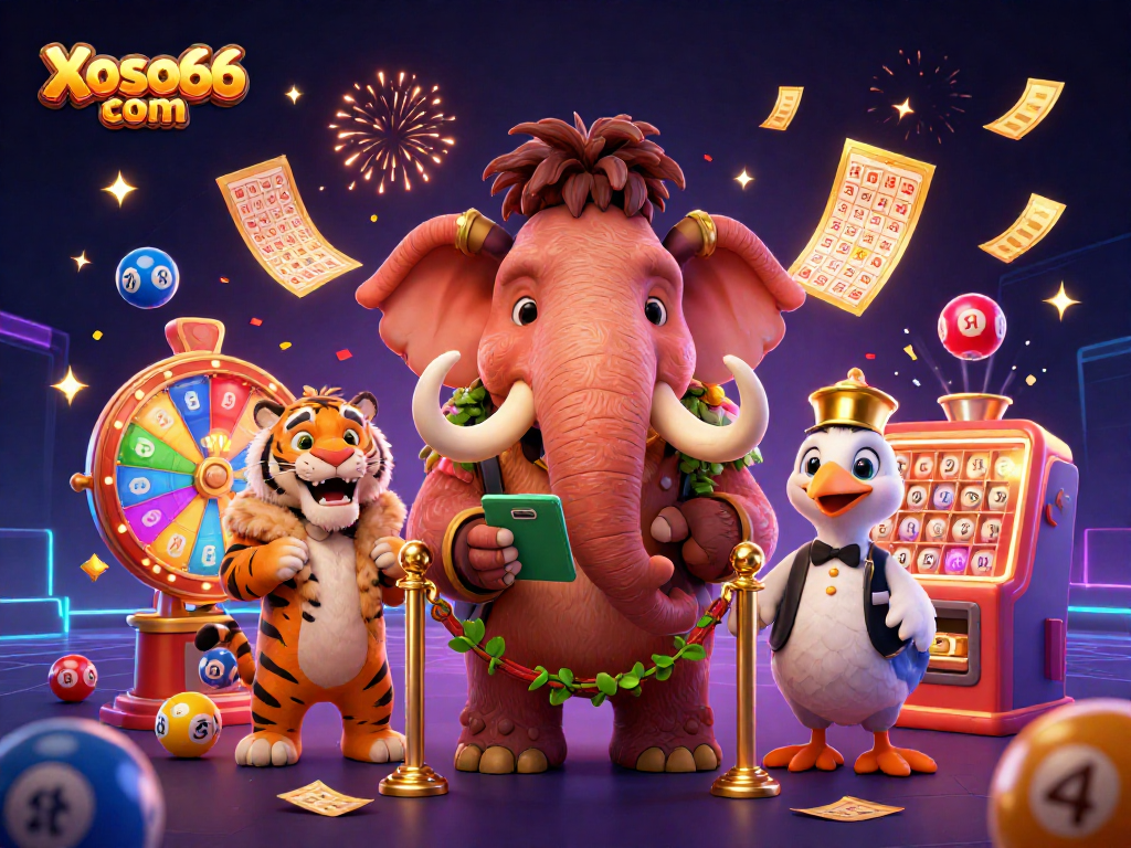 Engage with various exciting games at Xoso66 com featuring a vibrant casino atmosphere with animated lottery elements.