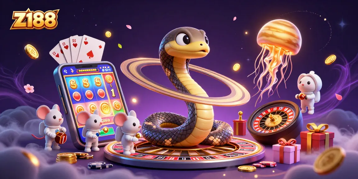 Z188 players enjoying a vibrant cosmic casino, betting on a roulette-like Saturn ring. Experience thrilling gambling action.