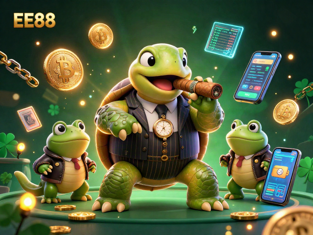 Engage in thrilling betting at EE88 with a rich 3D casino scene featuring vibrant characters and digital assets.