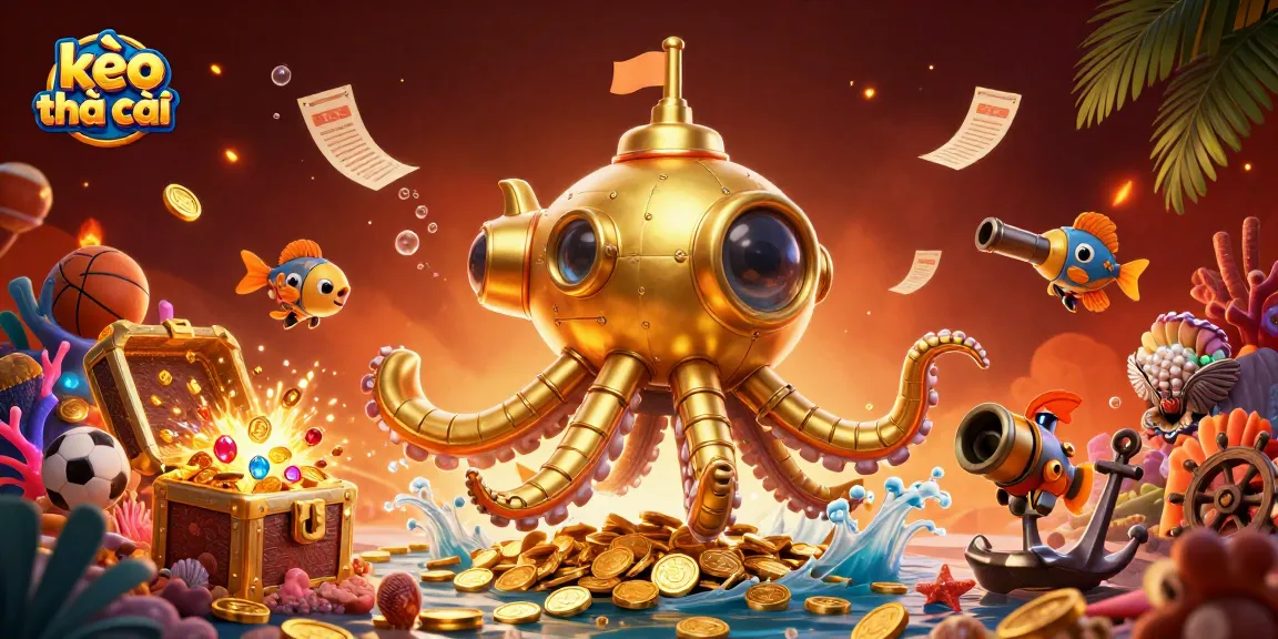 Bet on kèo nhà cái with golden kraken submarine and sports-themed coral formations in a vibrant illustration.