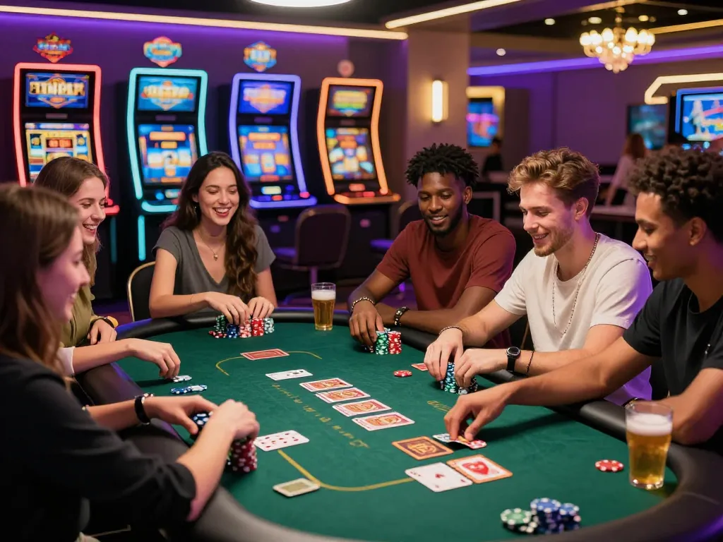 Group enjoying a lively card game at 789club online casino, vibrant atmosphere with colorful chips and ambient lighting.