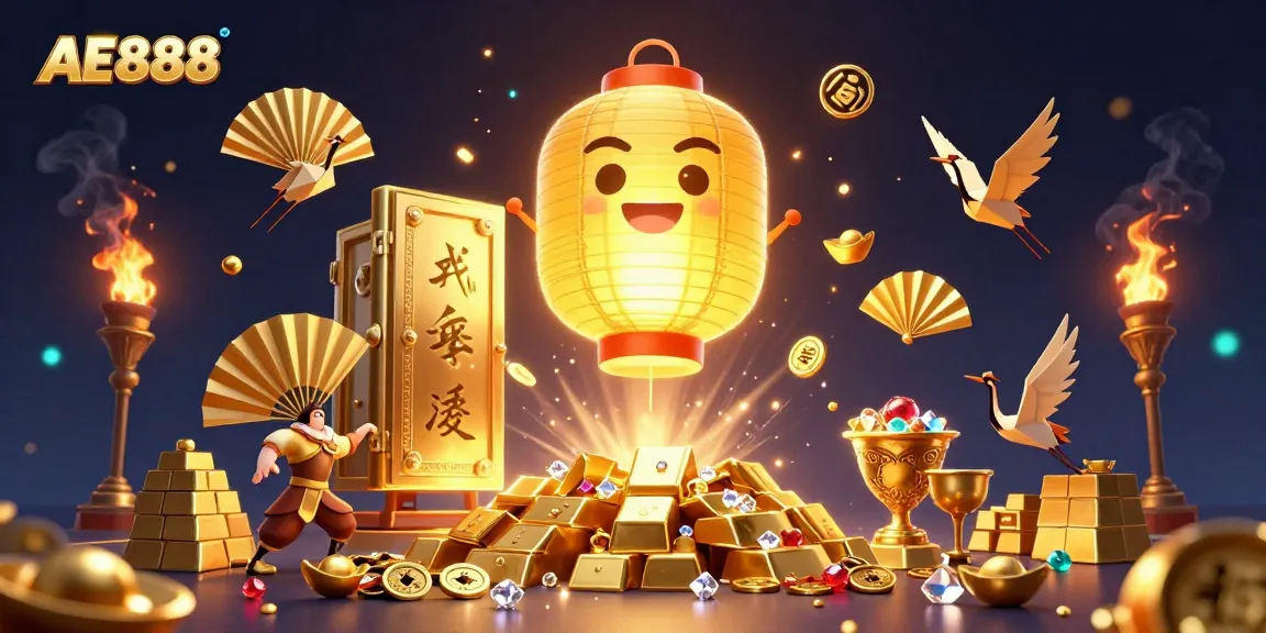 Engage in exciting adventures with AE888, featuring a vibrant casino scene with golden treasures and lucky symbols.