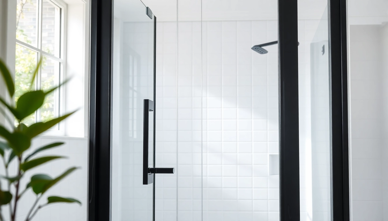 Stylish black frame shower doors enhancing a modern bathroom design with natural light.