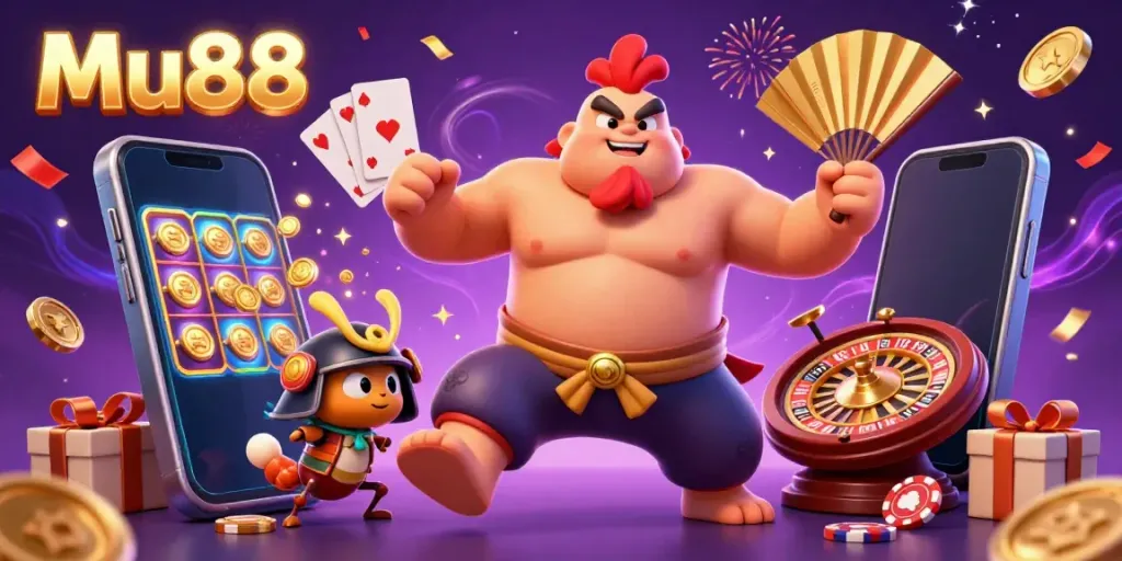 Experience exciting game moments at Mu88 with a dynamic 3D casino scene featuring colorful characters, slot games, and lavish rewards.