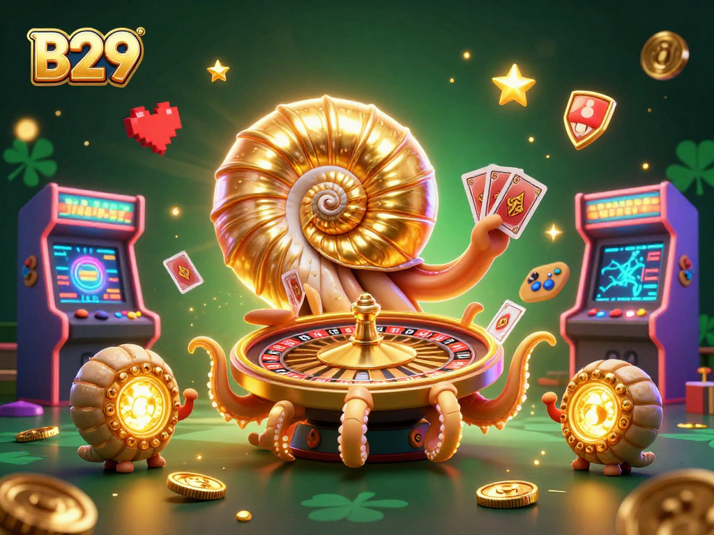 B29 players engage with a dazzling casino scene featuring a giant nautilus and vibrant game elements.