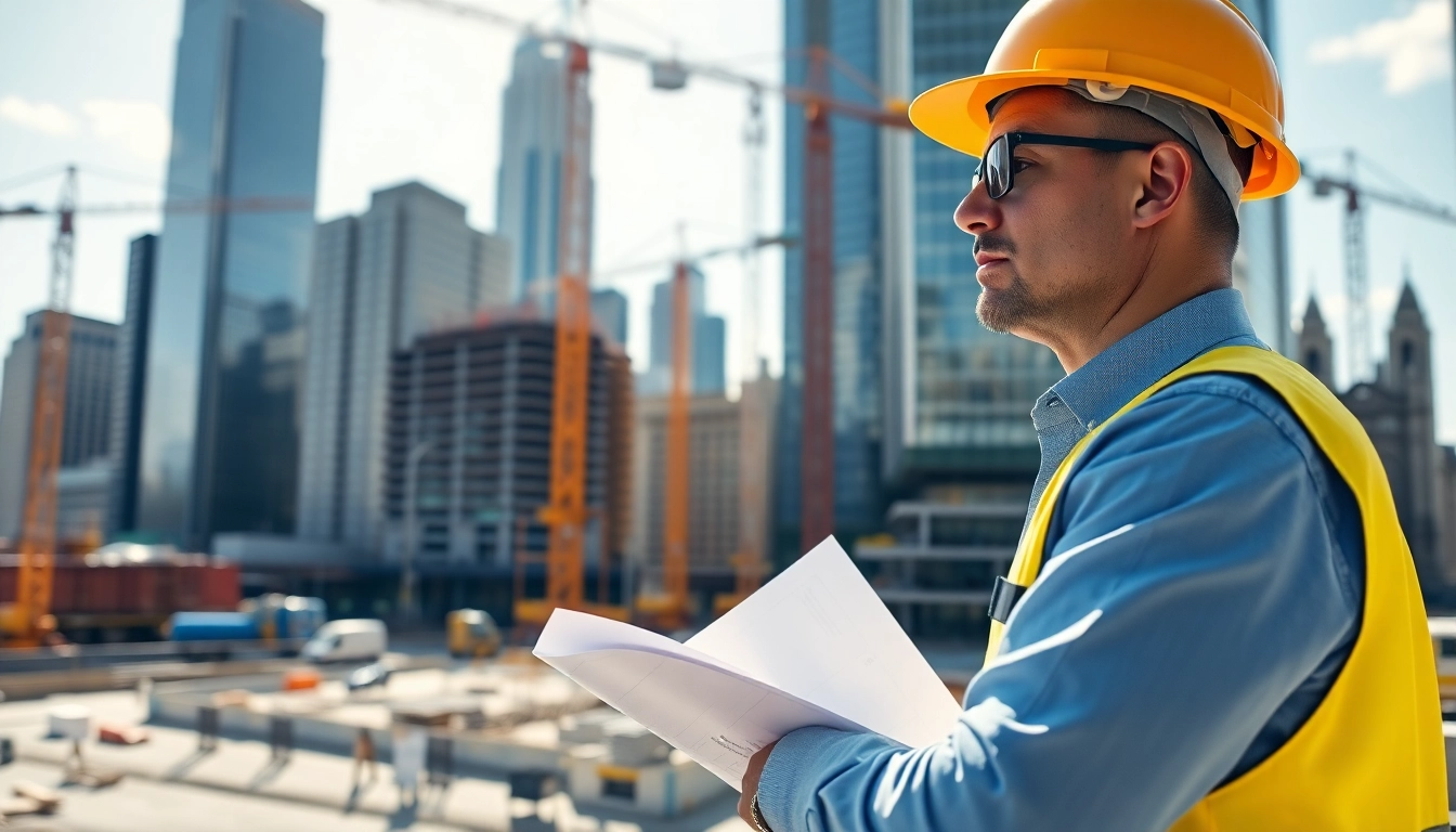 New York Construction Manager analyzing plans on a busy construction site in Manhattan.