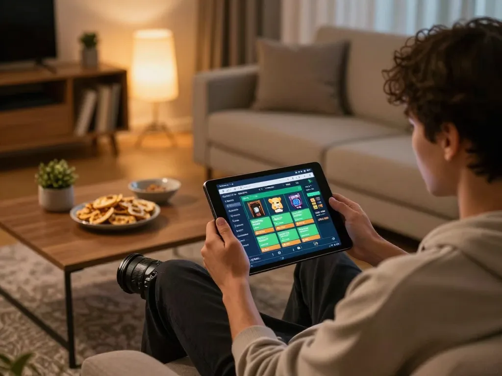 KQBD user enjoying online betting on a tablet in a cozy home setting with warm lighting.