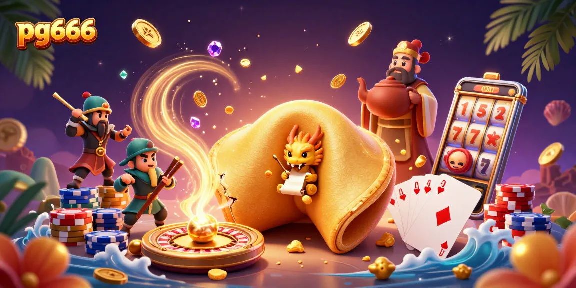 Win big at pg666 with a vibrant scene of gambling excitement featuring a golden fortune cookie, coins, and games.