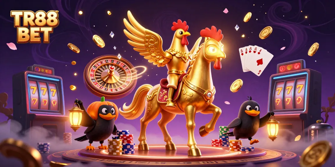 Experience the excitement of TR88 BET with a vibrant 3D casino scene featuring golden rooster characters and dynamic gaming elements.