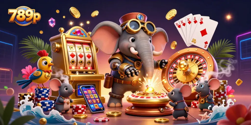 Spin the reels with excitement at 789p as a steampunk elephant operates a golden slot machine amidst dazzling casino elements.