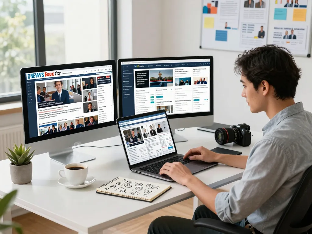 Journalist analyzing news updates in a modern workspace, showcasing News Authority.