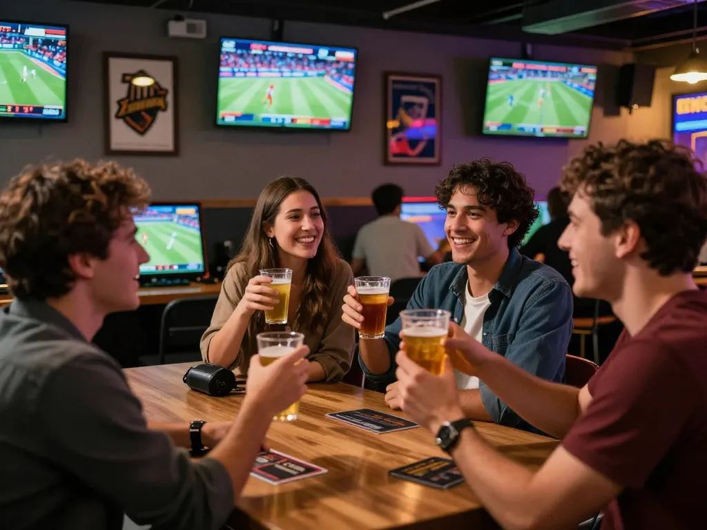 Friends celebrating winning debet bets in an energetic sports betting lounge