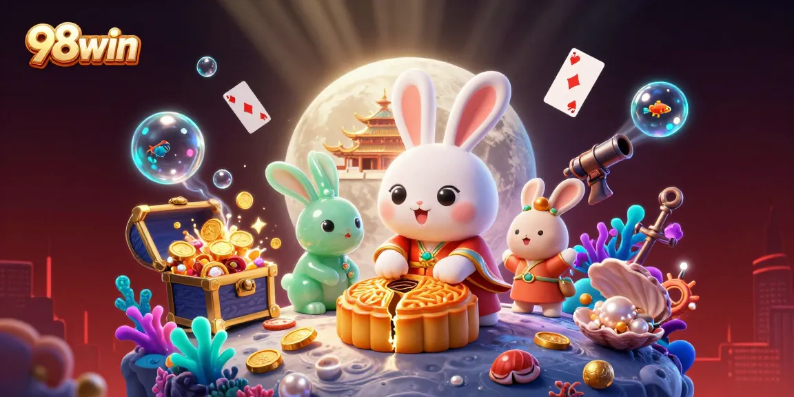 Spin the reels with 98win's vibrant casino-themed illustration featuring a festive moon rabbit.