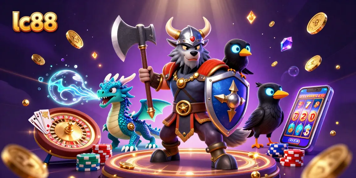 Experience thrilling gameplay at lc88 with a Viking warrior, dragon, and treasures in a vibrant casino scene.