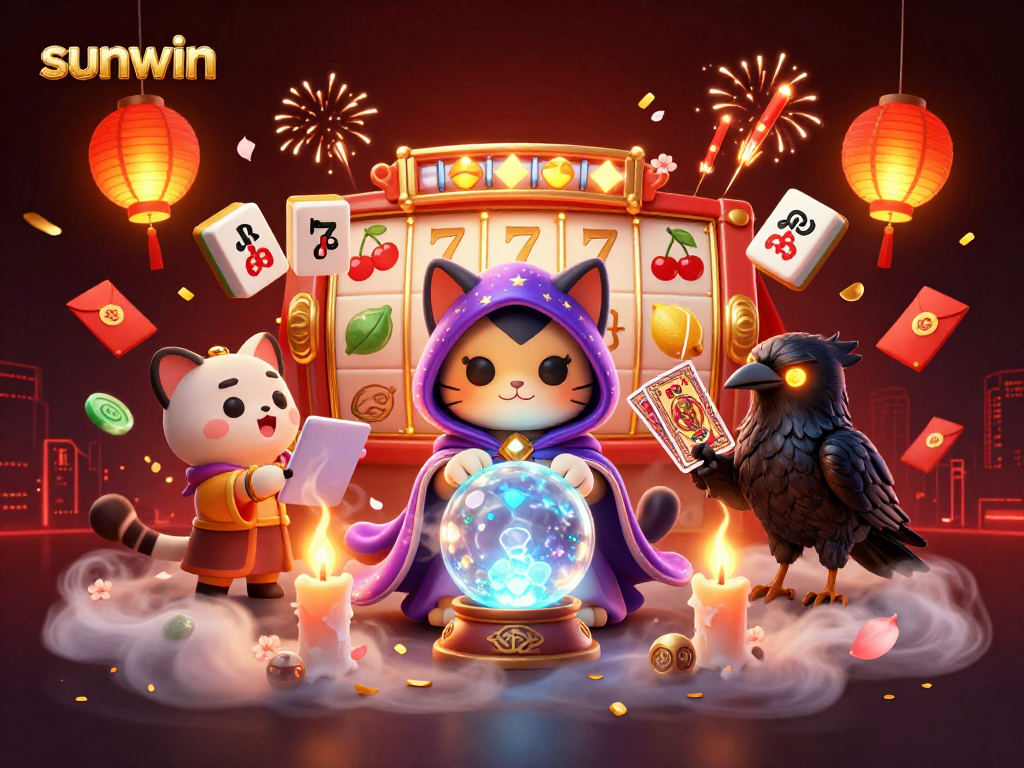 Engage with sunwin’s thrilling slots featuring a mystic cat and raven amidst magical elements.