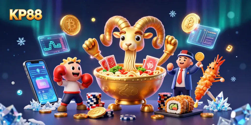 Join the KP88 action as a golden ramen bowl dealer stacks chips and deals cards!