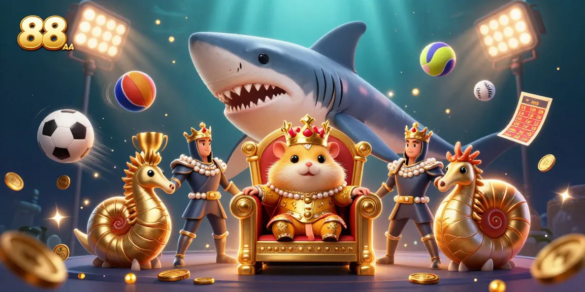 Engage with 88AA's thrilling casino experience featuring a golden hamster king amidst dynamic sports-inspired elements.