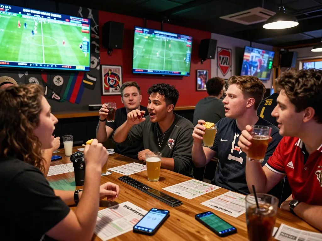 Engaging scene of bettors analyzing kèo nhà cái 5 in a lively sports bar during a football match.