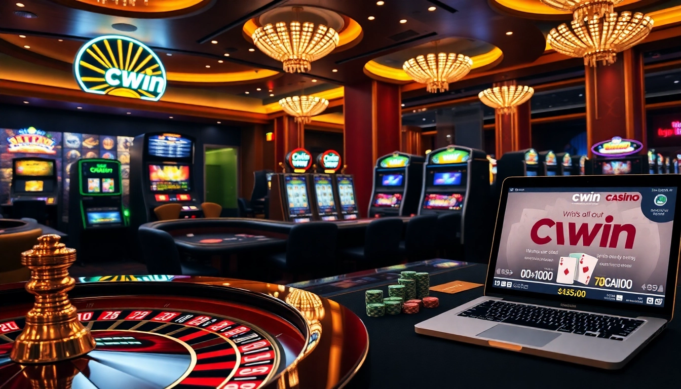 Cwin online gambling scene featuring a roulette wheel and slot machines in a vibrant casino atmosphere.