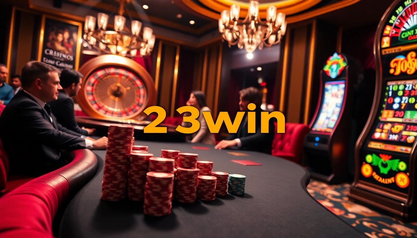 Winning at 23win's luxurious casino with colorful poker chips and a spinning roulette wheel.