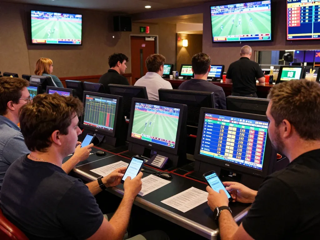 Betting excitement at 7mcn sports betting area with bettors active on devices and screens.