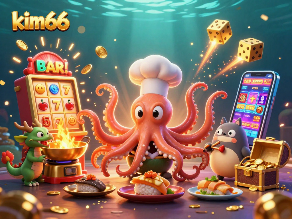 Experience thrilling moments with kim66 in an exciting 3D casino scene featuring vibrant game elements and characters.