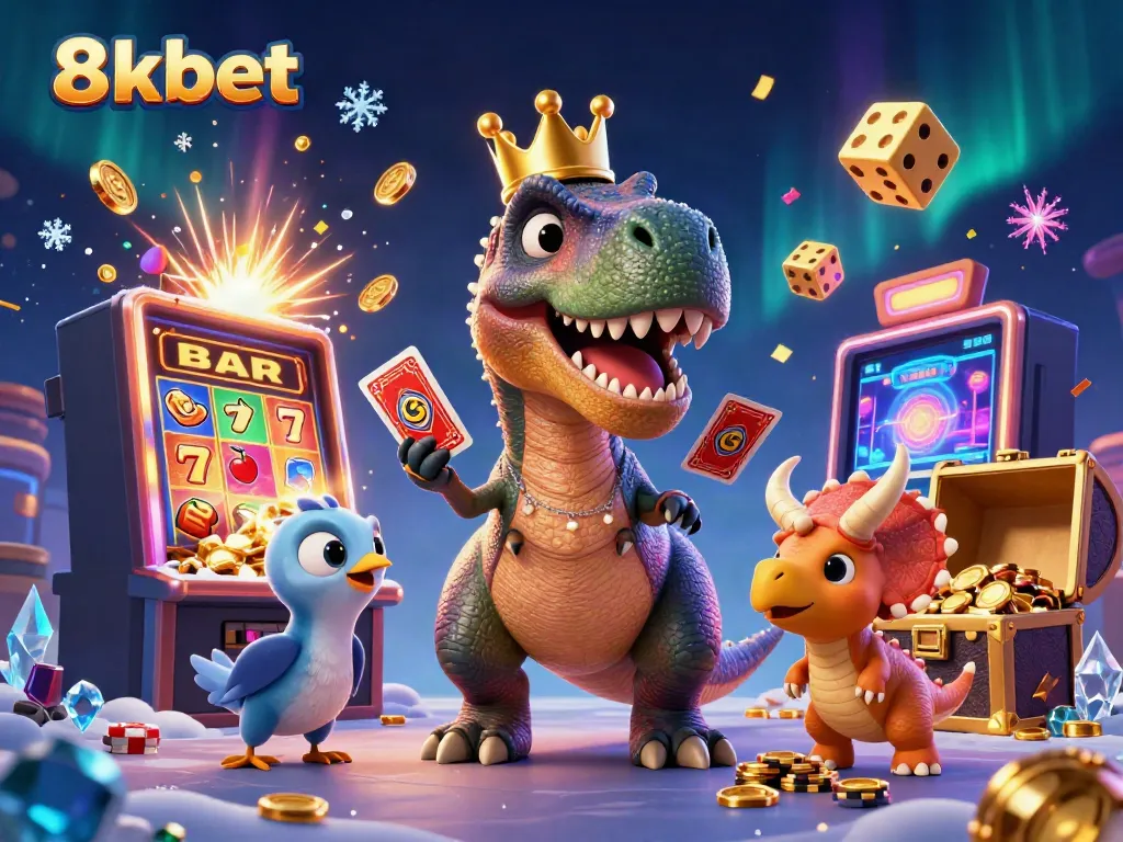 Engaging 3D illustration of lively casino scene with characters representing 8xbet.