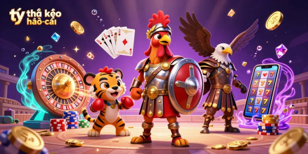 Bet on tỷ lệ kèo nhà cái with exciting scenes of a rooster gladiator and slot machines.