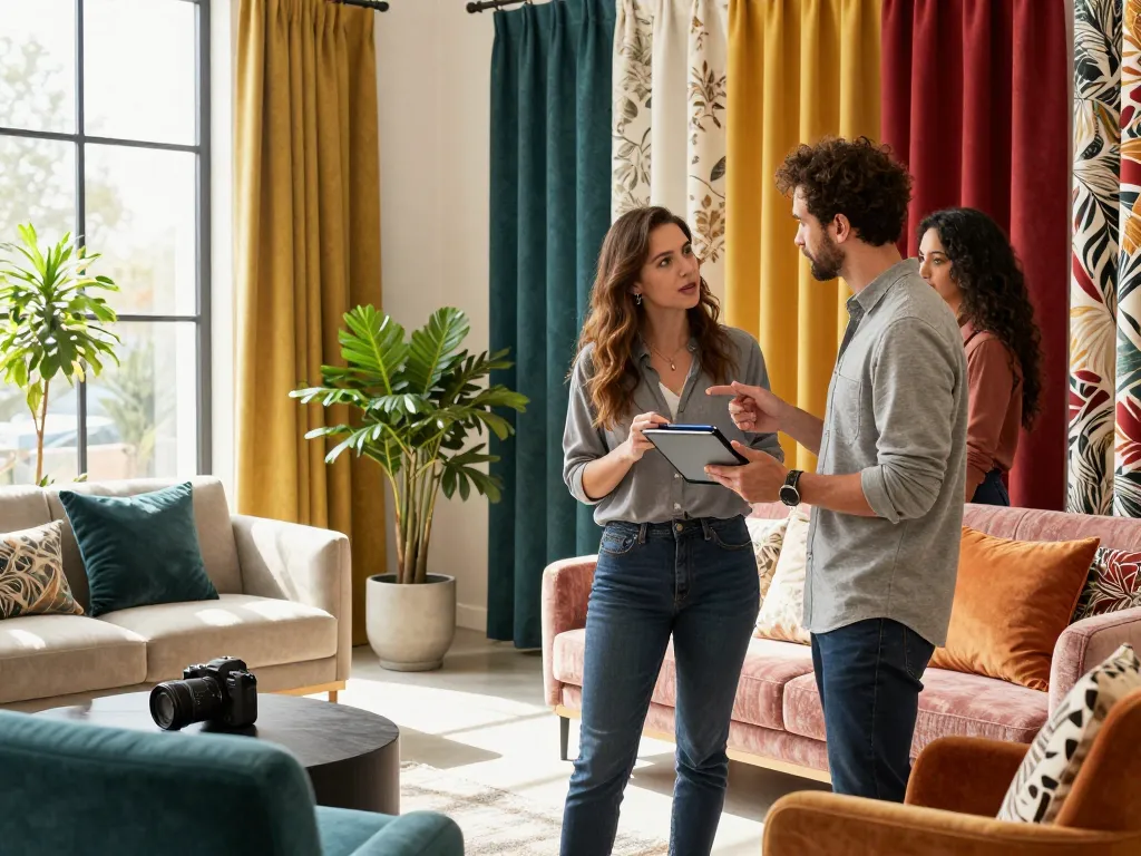 Sunwin presents an innovative home textile showroom showcasing vibrant fabric collections during a designer consultation.