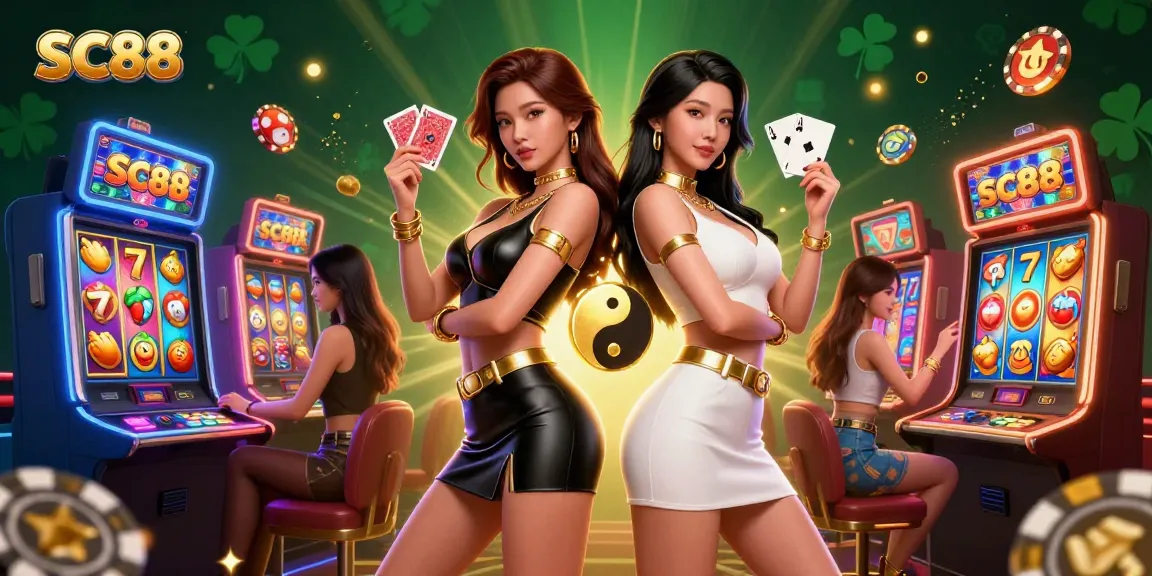 SC88 players mastering strategies with stunning twin Asian women in a vibrant casino illustration.