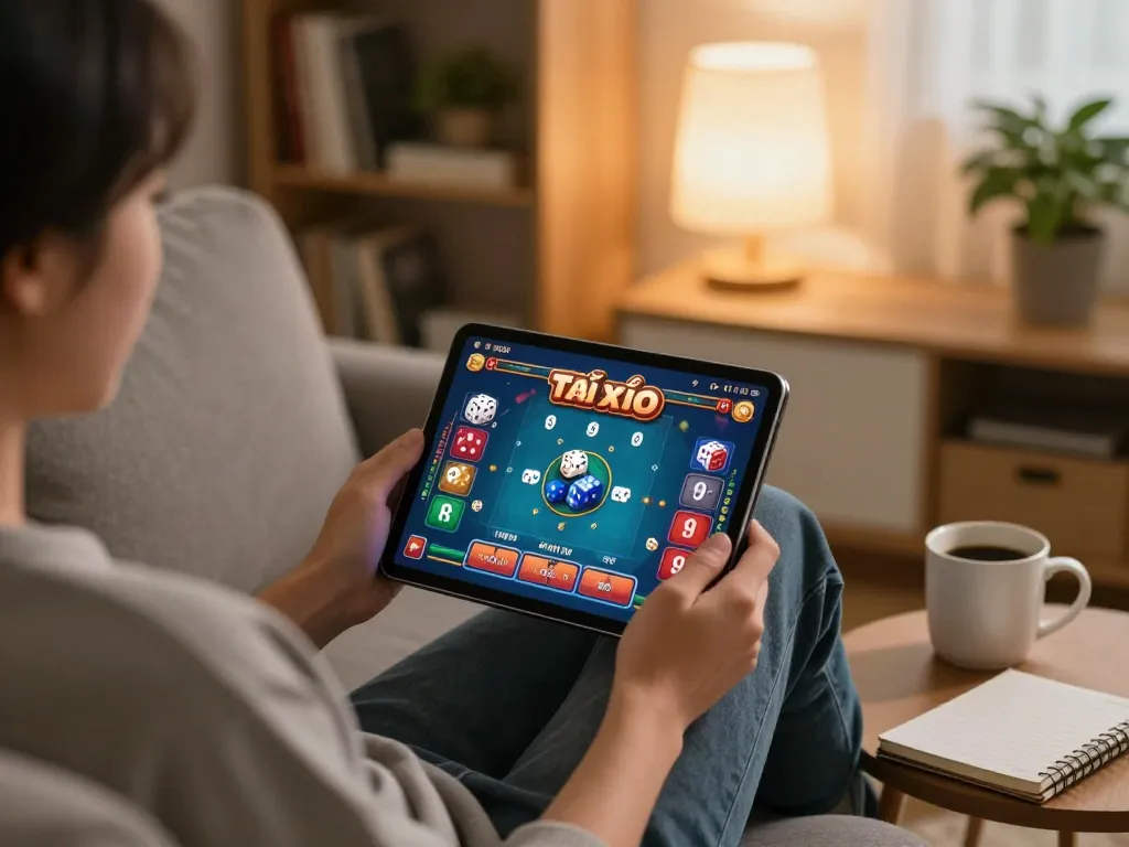 Engaging in tài xỉu online from a cozy home setup, enjoying a tablet game.