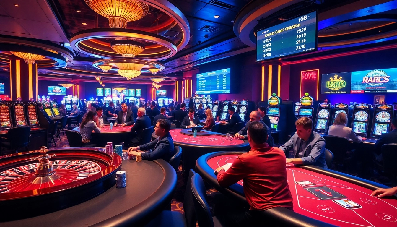 Thrilling action at jbo casino with players strategizing at poker tables and roulette wheels.
