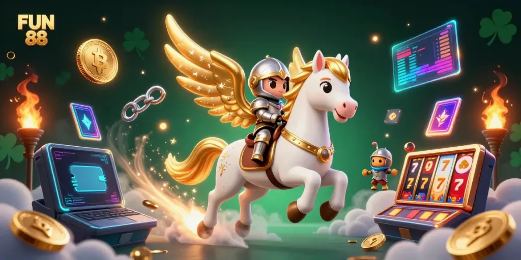 Experience the excitement of FUN 88 with a dynamic 3D illustration showcasing a celestial horse and knight amidst casino elements.