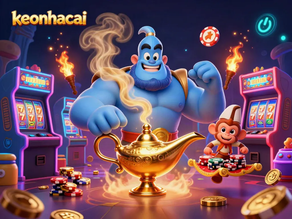 Engage with keonhacai's vibrant casino scene featuring a magical genie, poker chips, and illuminating arcade machines.