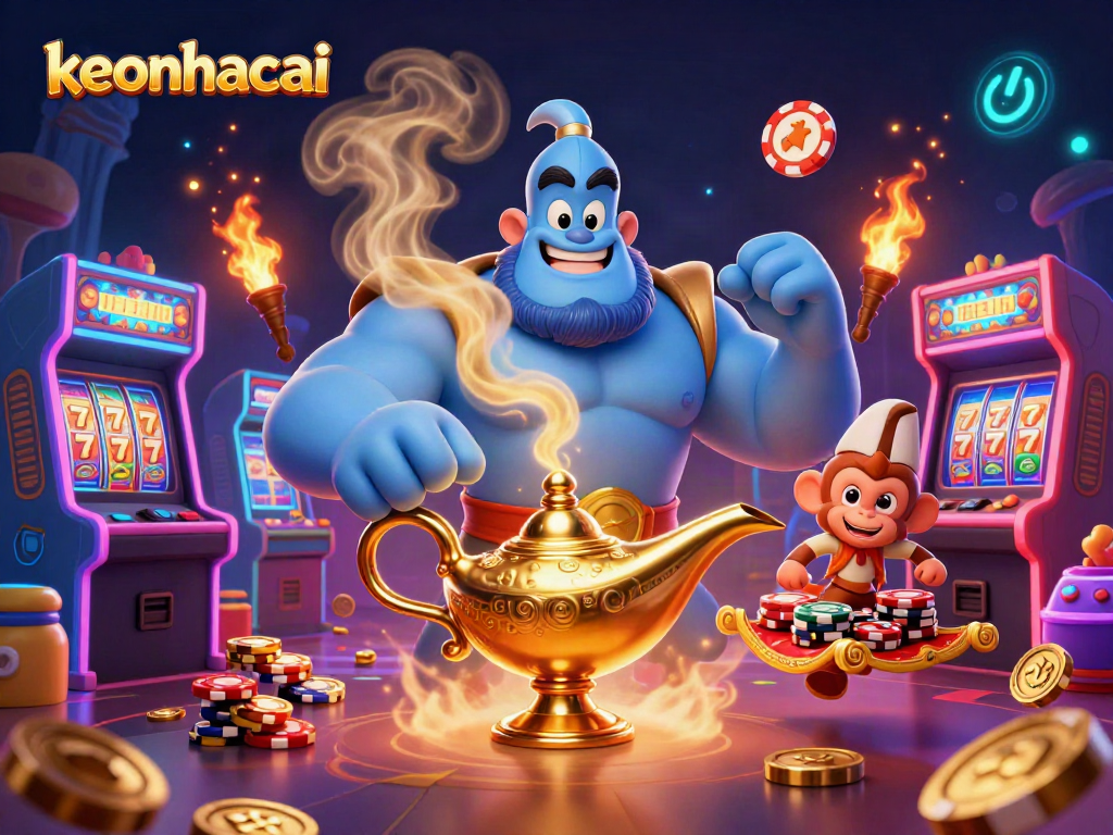 Engage with keonhacai's vibrant casino scene featuring a magical genie, poker chips, and illuminating arcade machines.