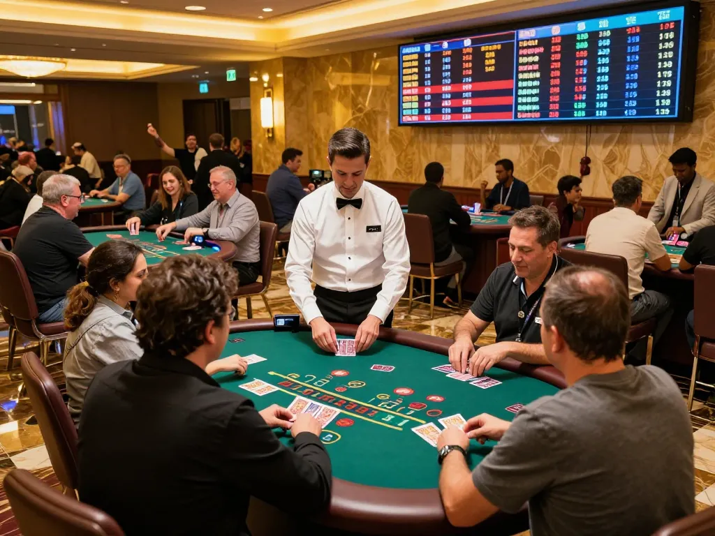 Exciting gameplay at dh88 com blackjack tables with dealers and engaged players.