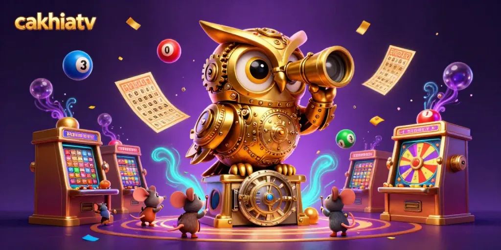 Cakhiatv features a clockwork golden owl and wind-up mice gambling in a colorful casino scene.