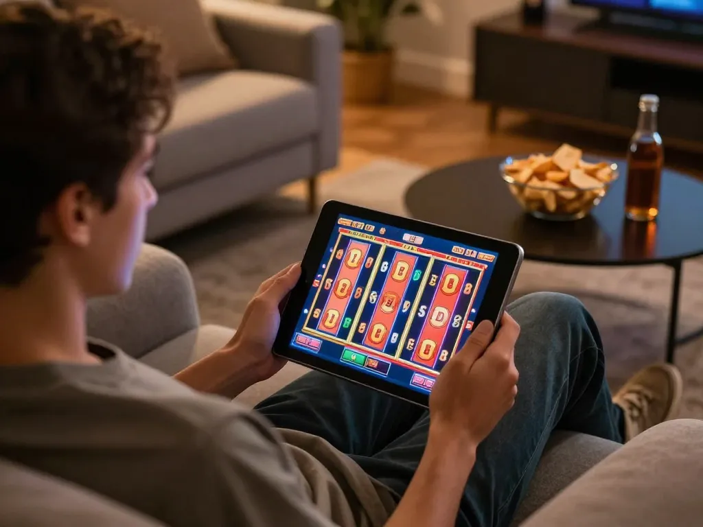 Engaging in online slots gameplay at home with FIVE88 on tablet, showcasing vibrant interface and cozy atmosphere.