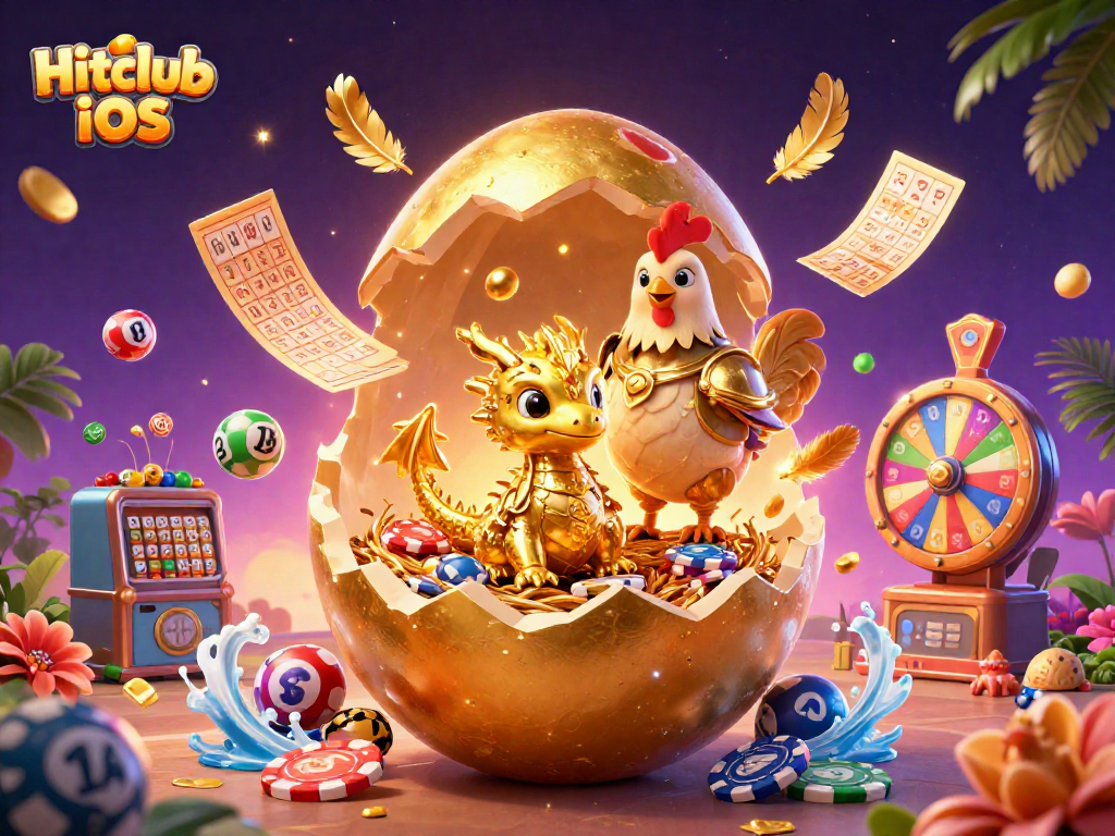 Win big with Hitclub iOS featuring a golden baby dragon and vibrant casino elements