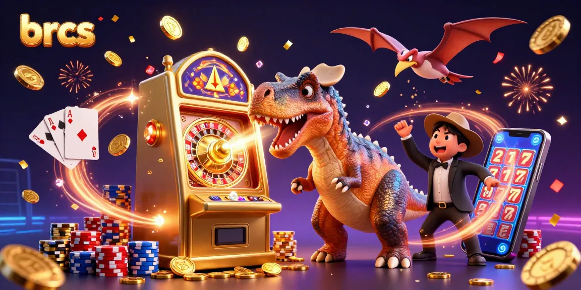 brcs casino illustration of a dinosaur headbutting a slot machine, coins flying everywhere